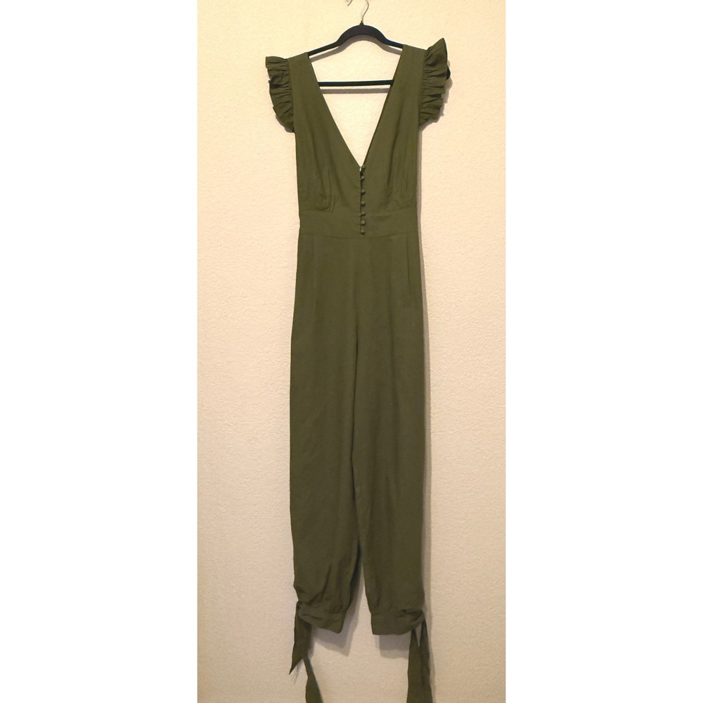 Happy Nature Olive Green Ruffle Strap Cotton Jumpsuit Size 14 V-Neck Tie Ankle